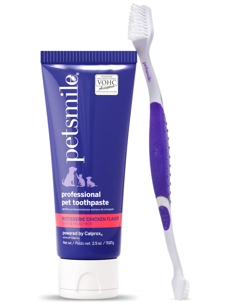 Petsmile Professional Pet Teeth Brushing Kit for Cats & Dogs - VOHC Accepted Toothpaste & Patented Toothbrush - Proven to Control Plaque & Tartar Calprox Formula (Rotisserie Chicken, 2.5 Oz)