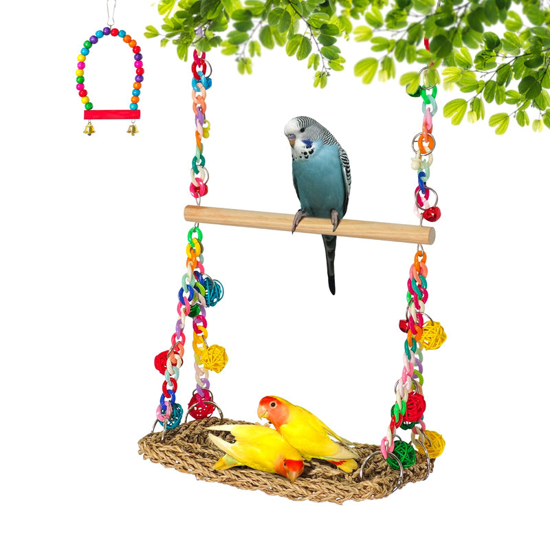 Natural Bird Swing Toys with Wood Perch,Double Layer Bird Seagrass Woven Climbing Hammock with Chewable Perch Stand Chewing Toy for Parakeets,Budgies,Conures,Cockatiels,Lovebirds