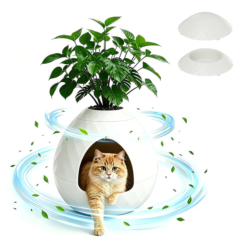 WTFGO Egg-Shaped Hidden Plant Litter Box, Cat Litter Box Enclosure with Replaceable Plant Tray Top, Waterproof Cat Litter Cabinet Furniture, Odor Concealed Cat Box for Living Room Bedroom Corner