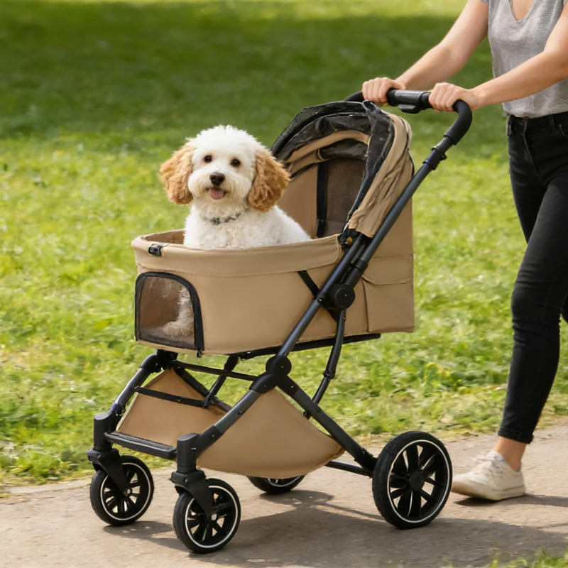 DEC-MEC Small Dog Stroller, Pet Stroller for Small Dogs up to 55lbs- Fold All in One Without Detaching Carrier, Cat Stroller with Reversible Handle,Cup Holder (Khaki)