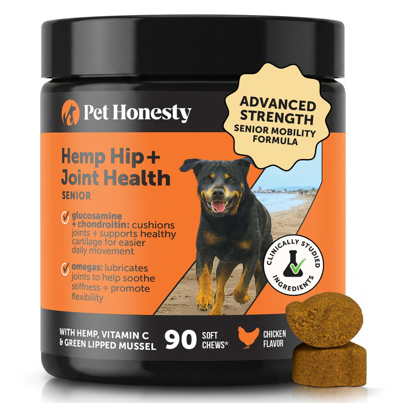 Senior Hemp Hip and Joint Supplement for Dogs - Glucosamine Chondroitin, MSM & Green Lipped Mussel - Relief for Joint Stiffness, Advanced Strength Mobility Support for Senior Dogs (Chicken, 90 Ct)
