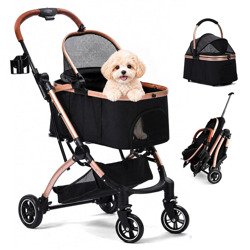 Dog Strollers for Small Dogs and Cats, 3-in-1 Pet Stroller with Removable Carrier, 4 Wheels One-Hand Fold Travel Carriag