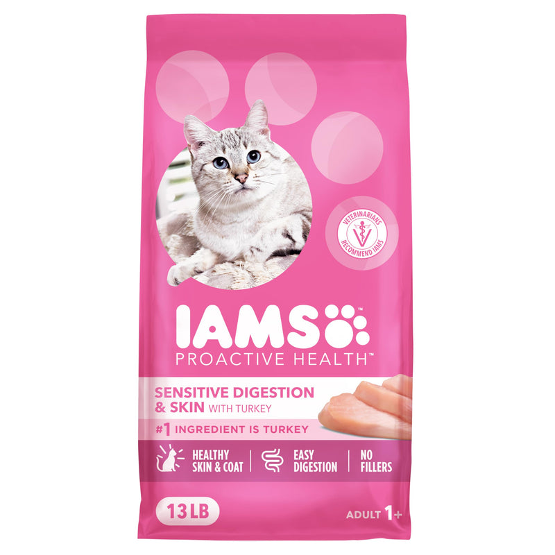 IAMS Proactive Health Sensitive Digestion & Skin Dry Cat Food, Adult Cat Food Dry Recipe with Real Turkey, 13 lb. Bag