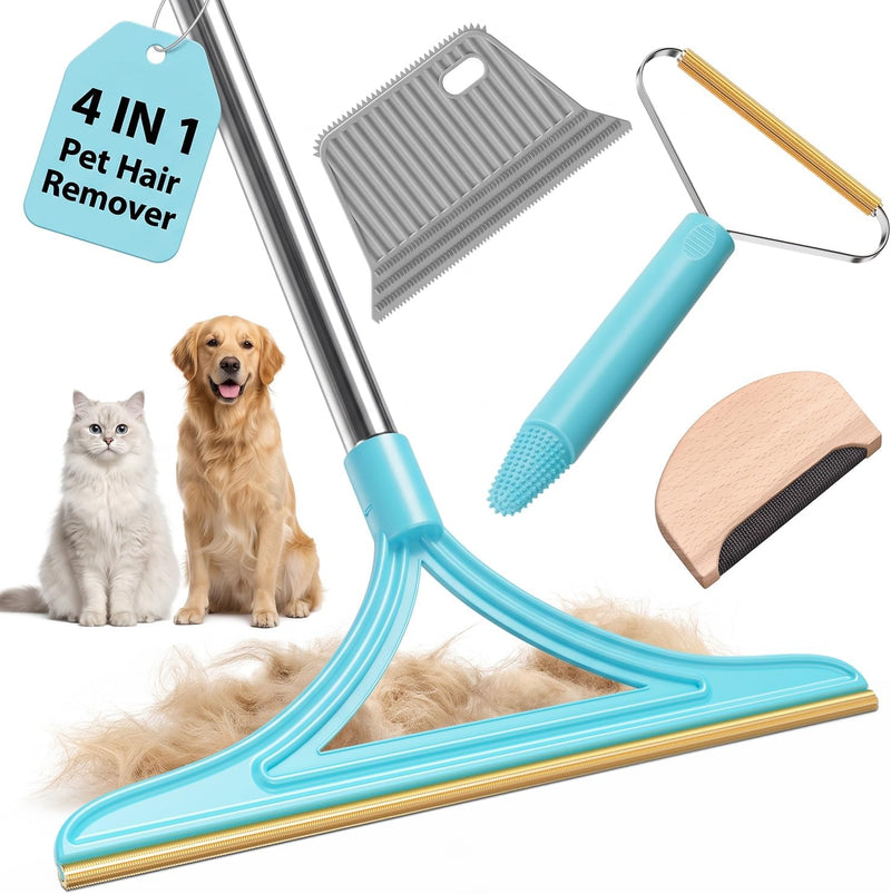 4-in 1 Carpet Rake for Pet Hair Removal, Reusable Pet Hair Remover Tool