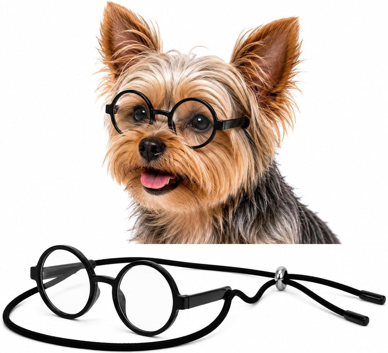 G015 Dog Cat Pet Costume Glasses Goggles for Small Breeds up to 15lbs (Round Black-Clear Lens)