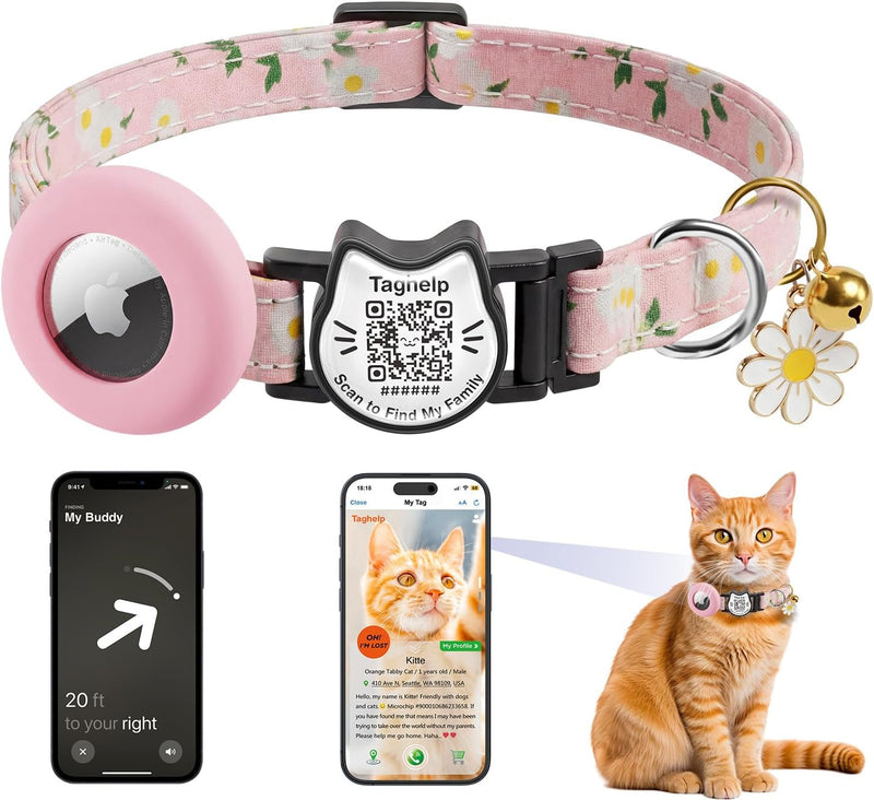 Flowers Pendant Cute Cat Collar with AirTag Holder,QR Code ID Tag