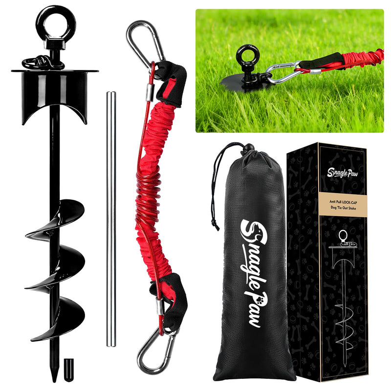 Snagle Paw Dog Tie Out Stake with Lock-Cap,Heavy Duty Dog Stakes for Outside/Yard/Camping with Shock Absorbing Bungee Tether,360°Swivel Rust Proof Ground Anchor for Dog Cable,Leash,Chain,up to 360 Lbs
