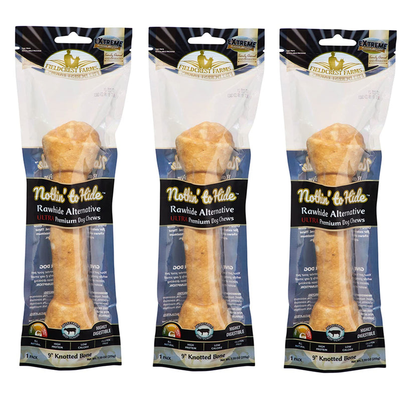 Fieldcrest Farms Nothing to Hide Natural Rawhide Alternative 9'' Knotted Bone for Dogs - Premium Easily Digestible Dog Chews - Dog Bones for Aggressive Chewers - Great for Dental Health (3 Count)