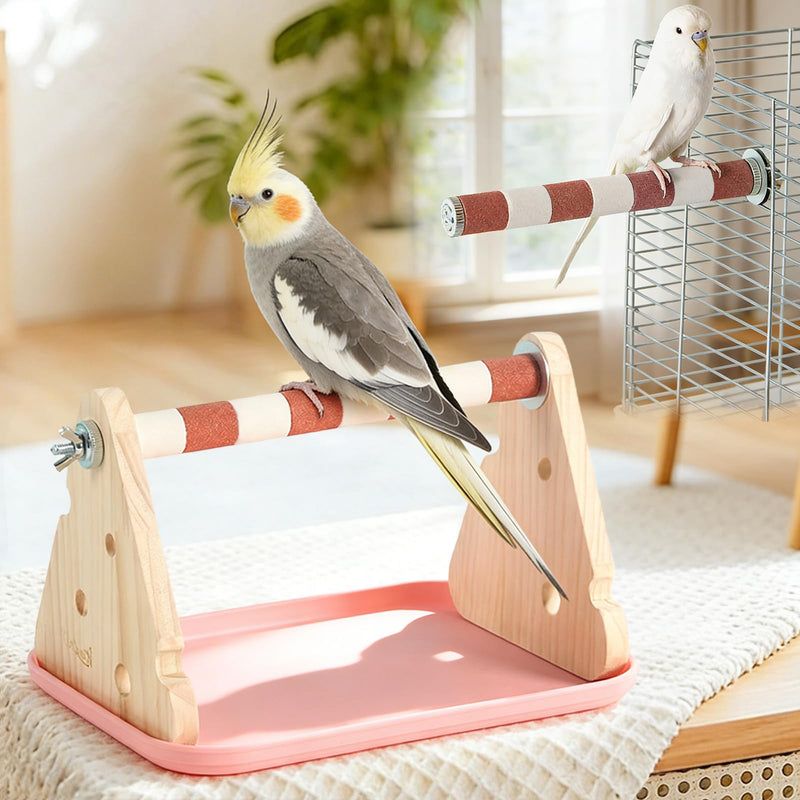 Wood Bird Perches Stand,2-in-1 Parrot Perch Stand,Portable Bird Stand,9.1''L*5.3''W*5.7''H Bird Training Perch with Removable Plastic Tray for Small and Medium-Sized Birds Play Stand(Cheese-Pink)