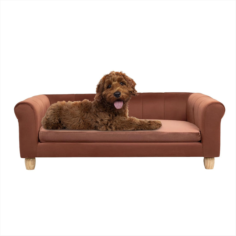 CRITTER SITTERS 42-in. Elegant Brown Faux-Velvet Rectangular Dog Sofa for Medium and Large Dogs, Elevated Plush Dog Couc