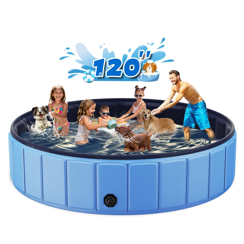 Glowpoint Extra Large Foldable Dog Pool for Giant Dogs, 120” Collapsible Hard-Side Dog Swimming Pool, Leakproof PVC Portable Pet Bath & Kiddie Pool, Non-Slip Bottom, Outdoor Backyard, Blue
