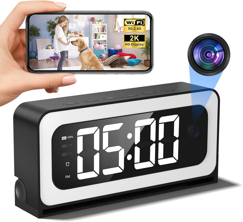 2K Alarm Clock Camera,5G&2.4G WiFi Wireless Indoor Camera Clock,Cameras for Home Security,AI Human Detection,Color Night