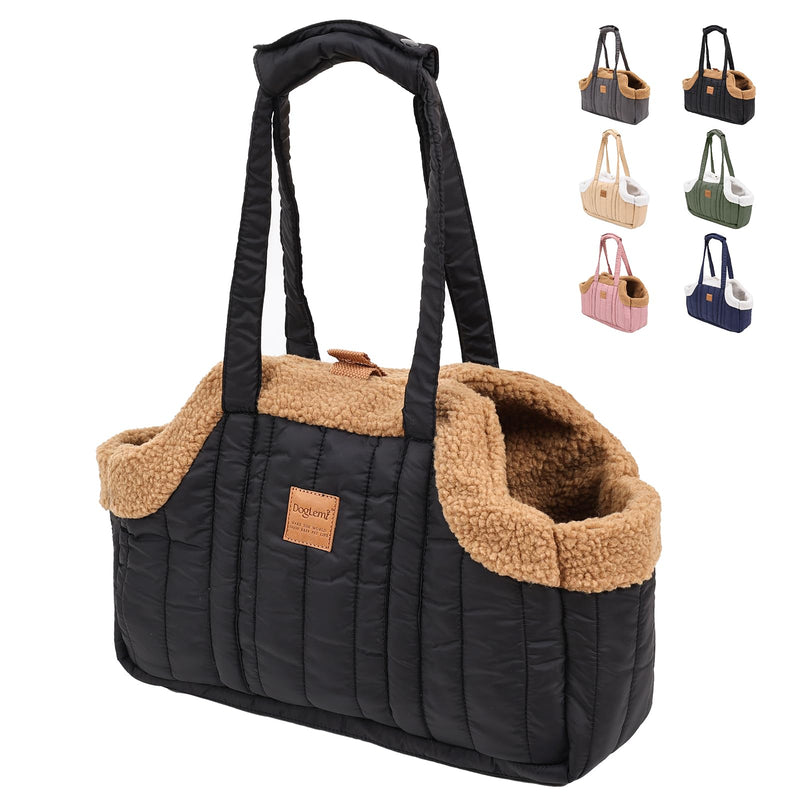 ETIAL Small Dog Carrier Purse, Winter Fleece Warm Dog Tote Bag Carrier with Secure Harness Clip for Puppy Kitten, Waterproof Pet Travel Handbag for Shopping, Hiking and Walking (Black)