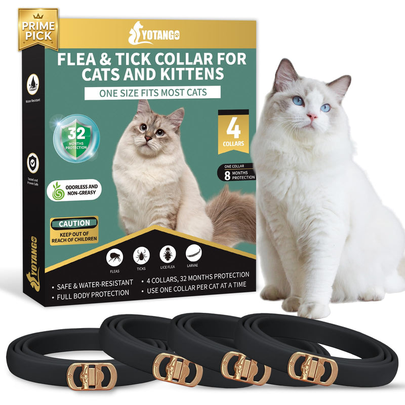 YOTANGO 4 Pack Flea Collar for Cats, 32 Months Flea and Tick Prevention for Cats, Waterproof Cat Fleas Collar, Cat Fleas and Ticks Treatment, Adjustable Tick Collars for Kittens-Black