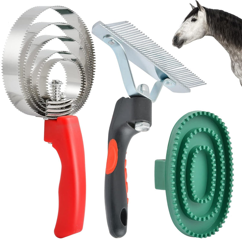3 Pcs Reversible Stainless Steel Curry Comb 5 Rings, Aemygo Double Sided Horse Grooming Brush, Scotch Type Metal Dog Bru