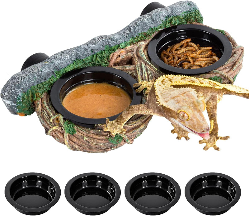 REPTI ZOO Magnetic Reptile Feeding Ledge, Gecko Feeder Ledge with 4PCS Cups, Hollow Vine Food Dish, Reptile Water Bowl f