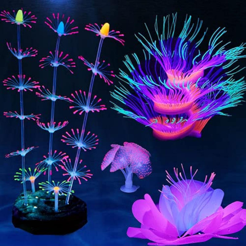 4 Pack Silicone Glowing Fish Tank Decorations Plants,Aquarium Fish Tank Glow Ornaments,Artificial Sea Anemone Coral Deco