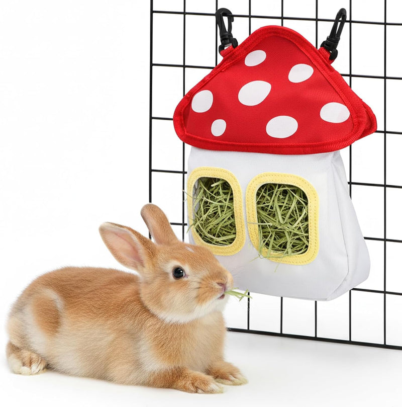 Eorbow Bunny Hay Feeder Bag, Cute Mushroom Hanging Hay Holder, Durable Hay Dispenser with 600D Oxford Fabric for Guinea