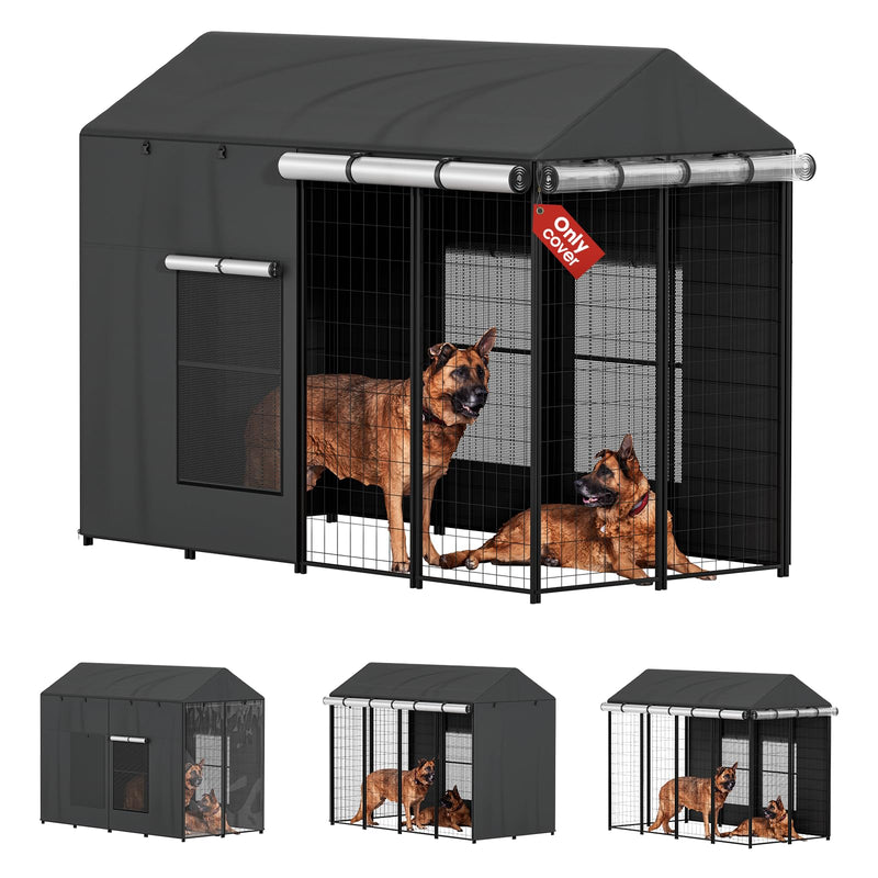 LitaiL Outdoor Dog Kennel Cover for Dog Cages 8'D x 4'W x 6'H Full Coverage, 1200D Heavy Duty Silver-Coated Interior Waterproof Enclosure Covers with Mesh Windows, (Cover Only)