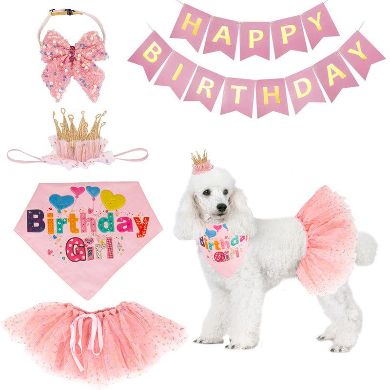 ADOGGYGO Dog Birthday Hat Bandana Girl - Puppy Birthday Party Supplies - Pink Tutu Hat Scarf Bow Banner Set for Medium Large Dogs (Large)