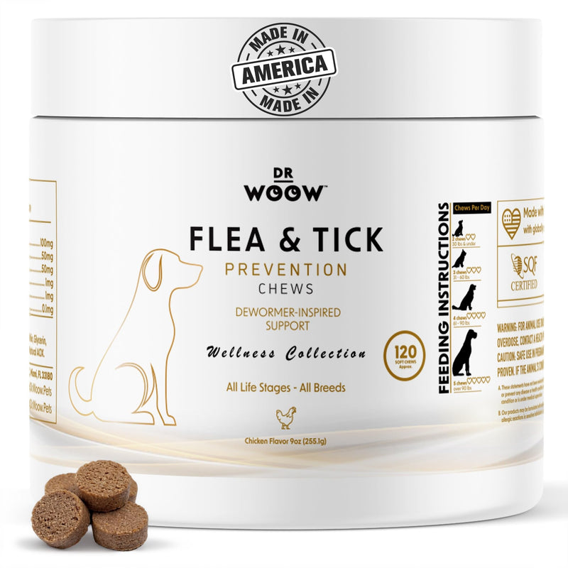 Dog Flea & Tick Prevention Chews – Daily Defense Supplement for Parasites, Gut & Immune Support – Natural Formula Soft Chews – Made in USA – Dr. Woow (120 Ct)