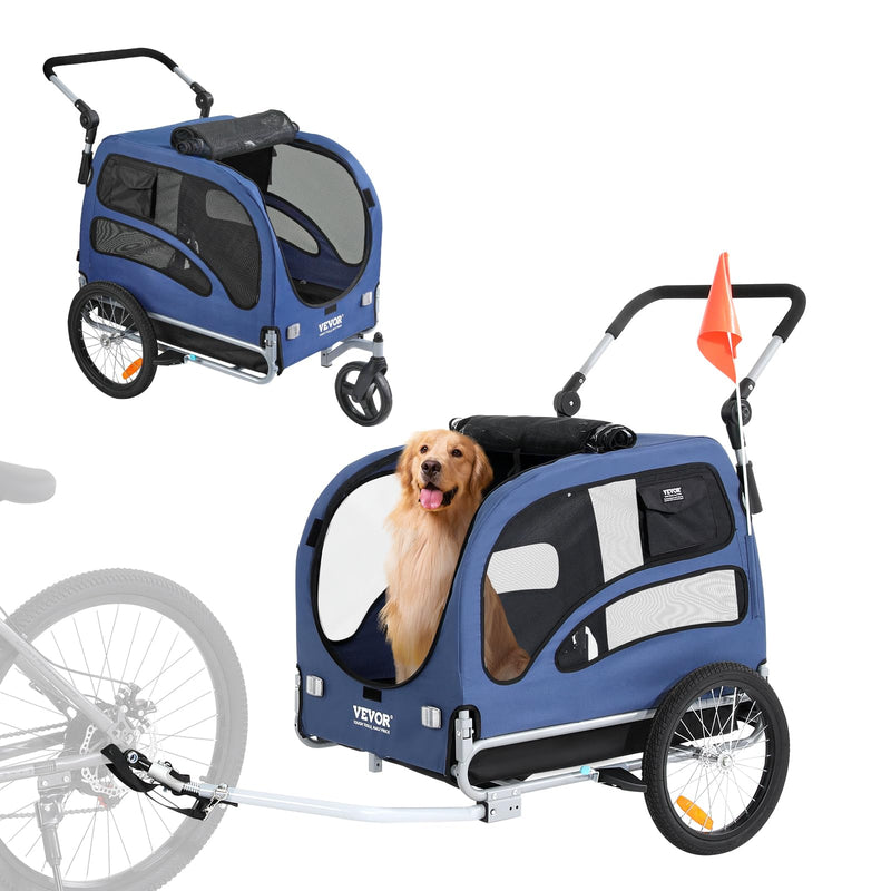 VEVOR Dog Bike Trailer, Supports up to 66/88/100 lbs, 2-in-1 Pet Stroller Cart Bicycle Carrier, Easy Folding Cart Frame with Quick Release Wheels, Universal Bicycle Coupler, Reflectors, Flag