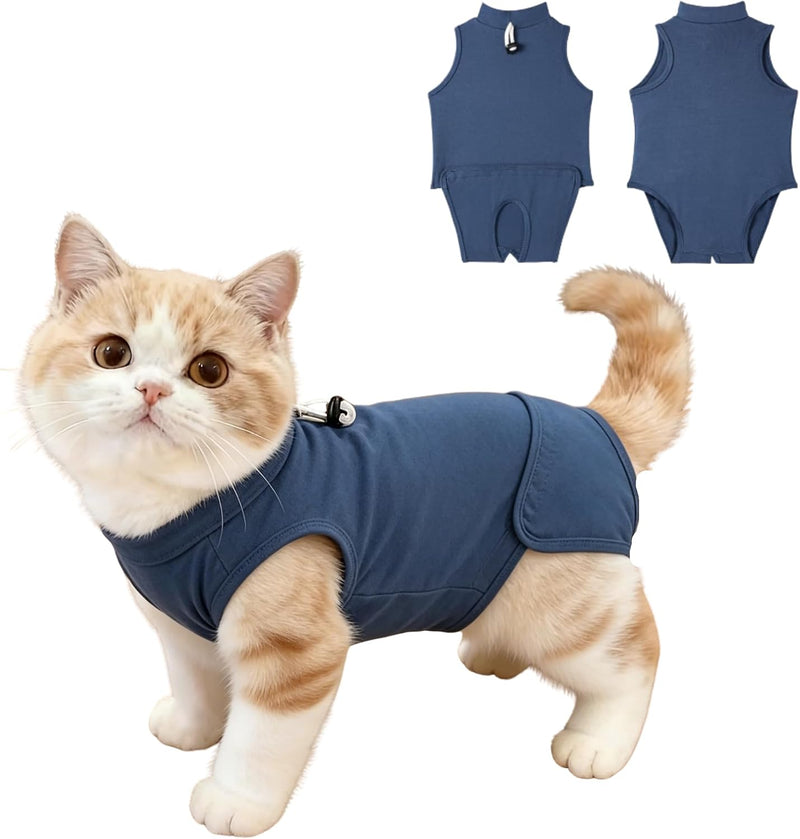 Gyuzh Cat Surgery Recovery Suit for Female Male Cats - Breathable Cone Alternative. Easy-Pull Recovery Suit with Adjustable Neck & Snap Closure for Spay Neutering, Anti-Licking Wound Care Blue L