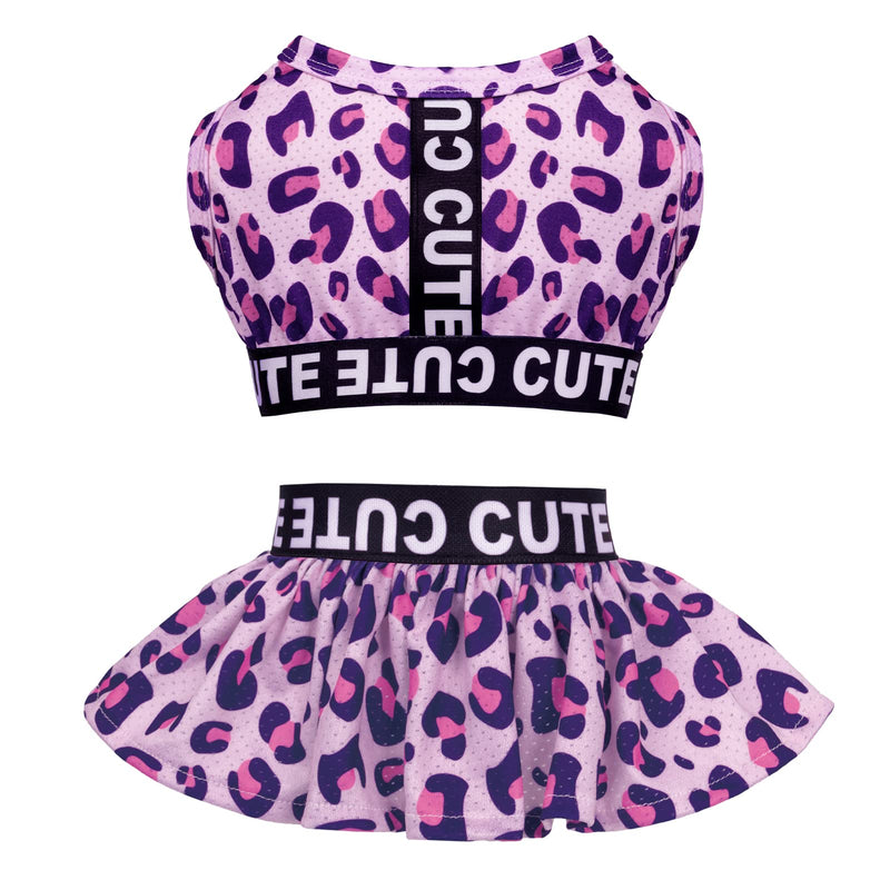 CuteBone Two Piece Dog Sports Dress Athleisure Leopard Print Puppy Pink Skirt Lightweight Small Dogs Girl Clothes Cat Apparel SPS01M