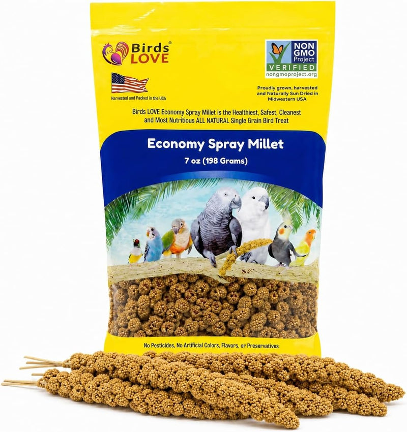 Birds LOVE Economy Spray Millet for Birds, 7 oz, GMO-Free Natural Millet Spray Treat, Stem-Reduced Edible Tops, Grown in