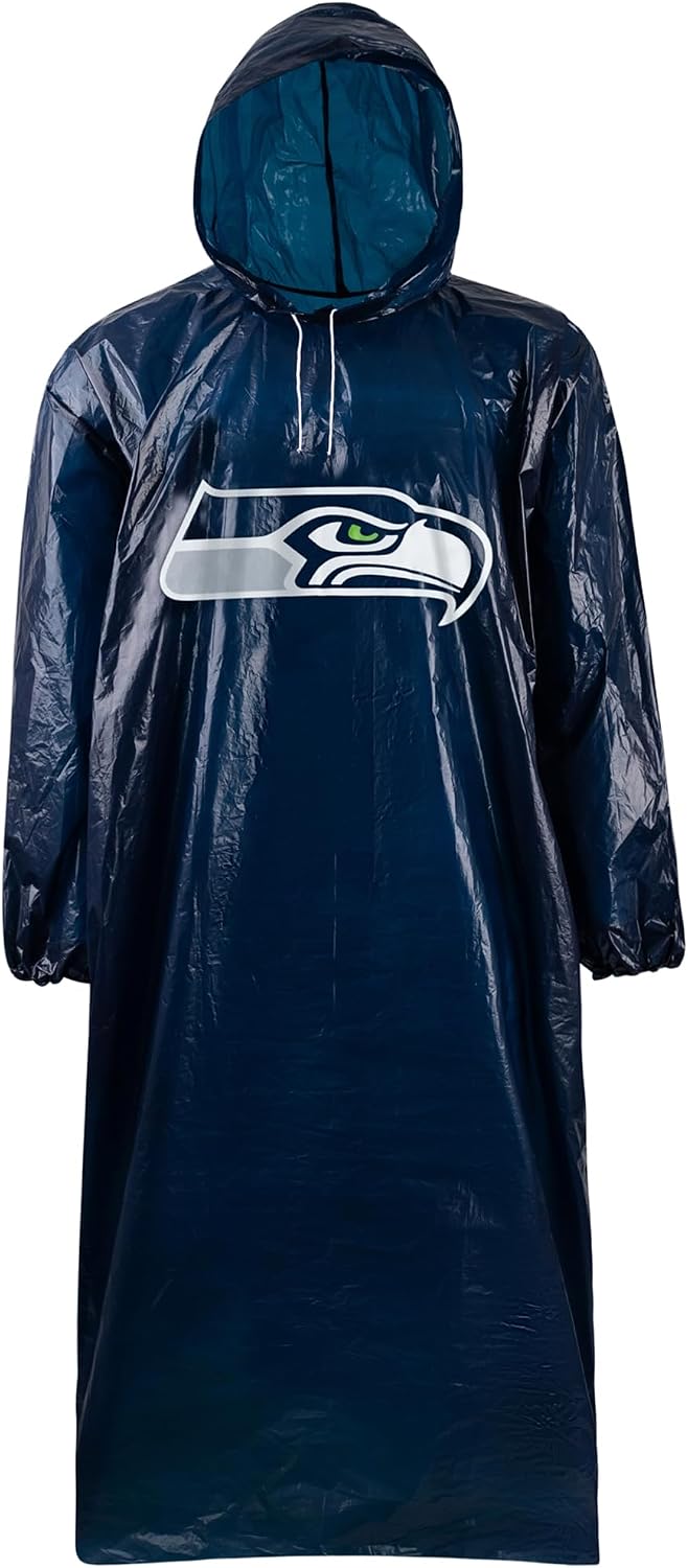 NFL Waterproof Rain Poncho for Adults, Sporty, Elastic Sleeves and Drawstring Hood, Unisex Rain Coat