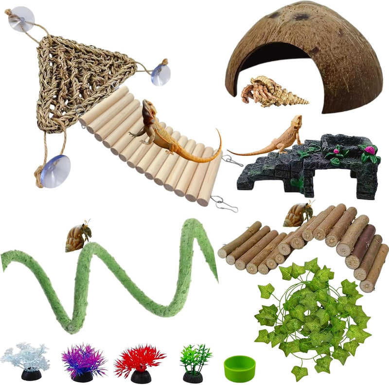 12-in-1 Hermit Crab Accessories Kit, 2026 New Kit for Bearded Dragon, Coconut Shell Hideout, Climbing Bridge, Hammock, V