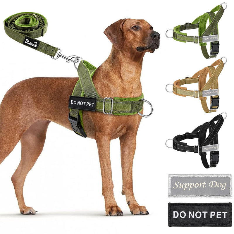 Lukovee No Pull Dog Harness and Leash Set - Adjustable Soft Padded Vest with Front Clip for Easy Control, Reflective Durable Harness for Safe Daily Training Walking for Medium Large Dogs (L, Green)