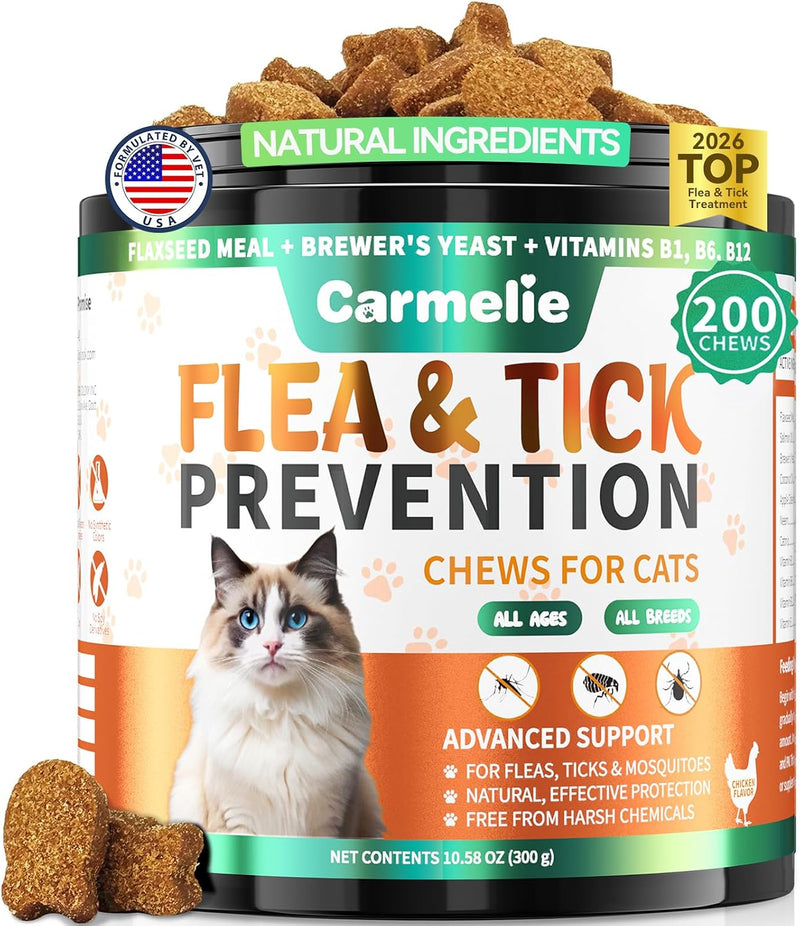 Flea and Tick Treatment for Cats - 200 Chews Flea and Tick Prevention for Cat Chewables - Flea Treatment for Cats All Breeds & Ages - Natural Cat Fleas and Ticks Defense - Chicken Flavor