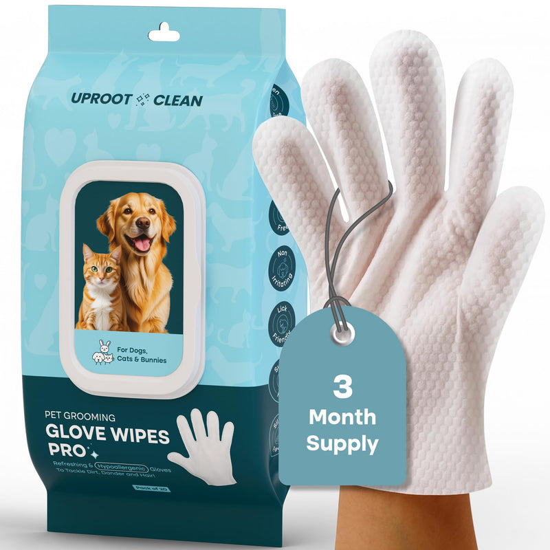 Uproot QuickClean Gloves Pro: Extra-Thick Pet Glove Wipes for Dogs & Cats - Easy Wipe Paws, Eyes, Ears, Butt, & Body - Lick-Safe for Cats & Dogs - Cleaning, Deodorizing & Grooming (20 Pack)