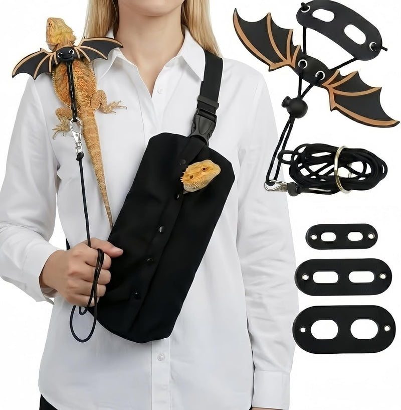 Bearded Dragon Carrier Sling & Bat Wing Leash Harness Set, Soft Flannel Reptile Travel Bag with 3 Size Chest Pads, Adjus