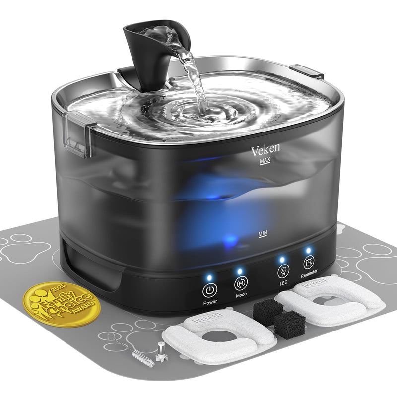 Veken Cordless Cat Water Fountain with Stainless Steel Tray & Secure Clips, 5200 mAh Battery Operated Pet Drinking Dispenser with LED Light, 85oz/2.5L Wireless Fountain for Cats, Dogs and Small Pets