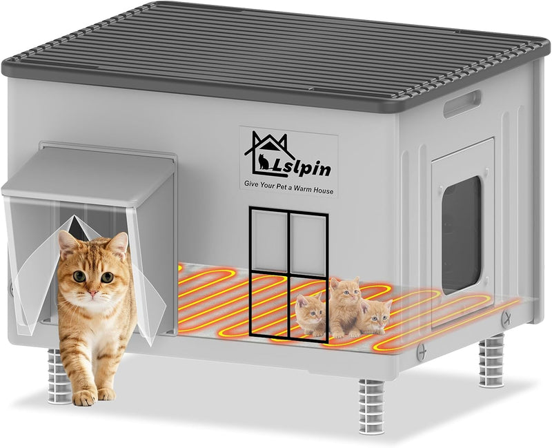 Large Heated Cat House for Outside Cats in Winter, Lslpin Weatherproof & Insulated Outdoor Feral Cat House with Escape D
