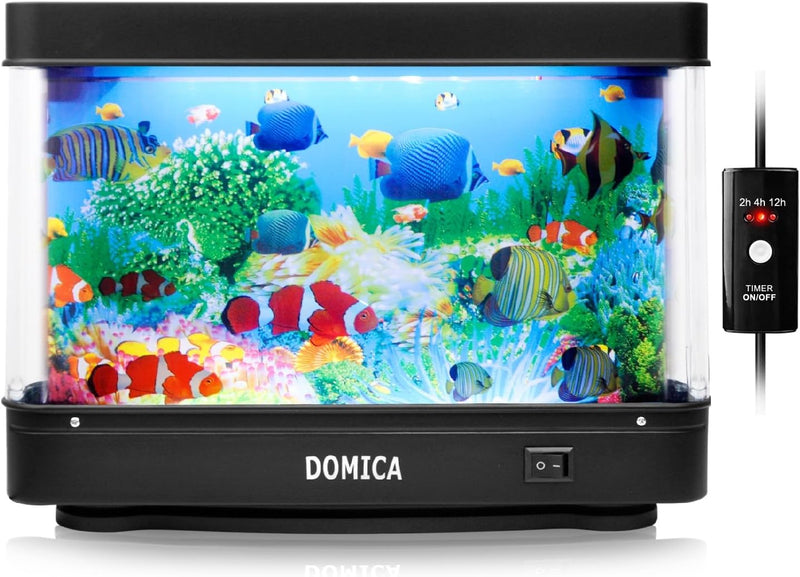 Fake Fish Tank with Moving Fish, Decorative Aquarium Lamp (Auto 2/4/12H Shutdown Timer), Artificial Tropical Marine Tank