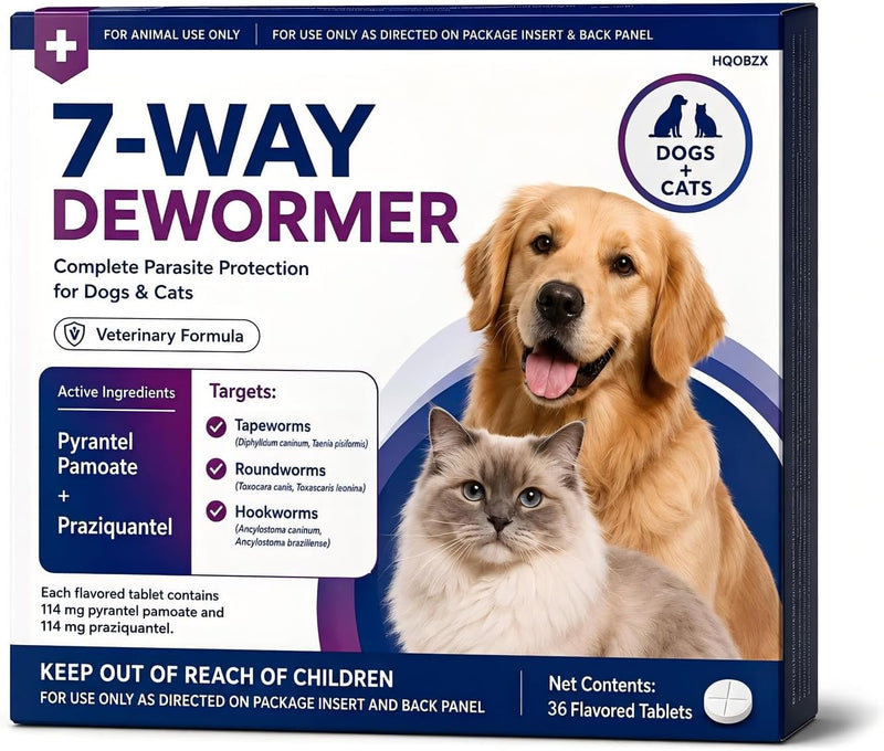 7 Way Dewormer for Cats & Dogs, Praziquantel & Pyrantel Pamoate Tablets