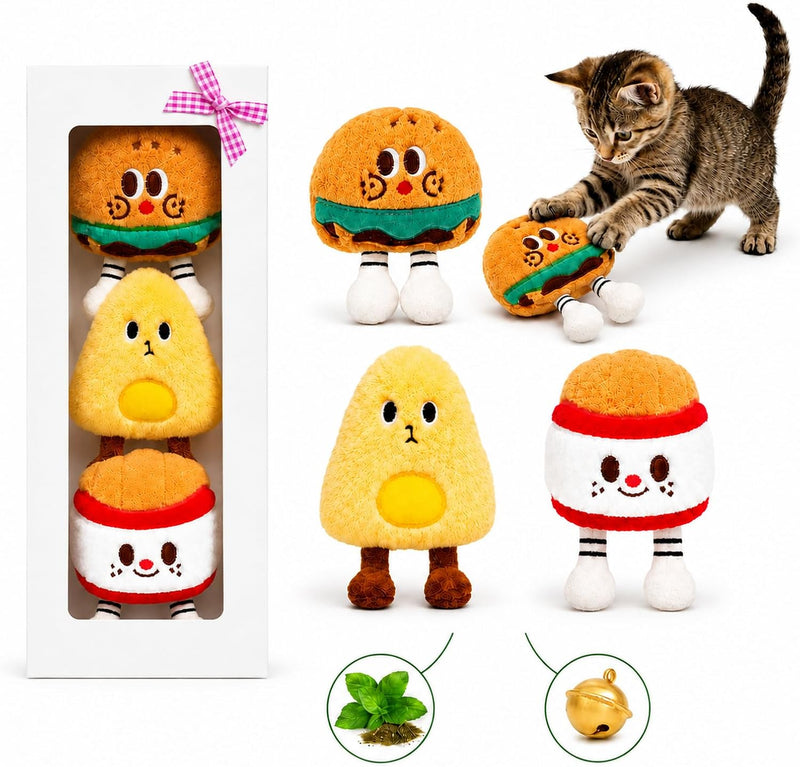 3 Pack Catnip Toys for Cats, Plush Cat Toys with Bells, Cute Fast Food Cat Toy Set with Hamburger, French Fries & Cheese