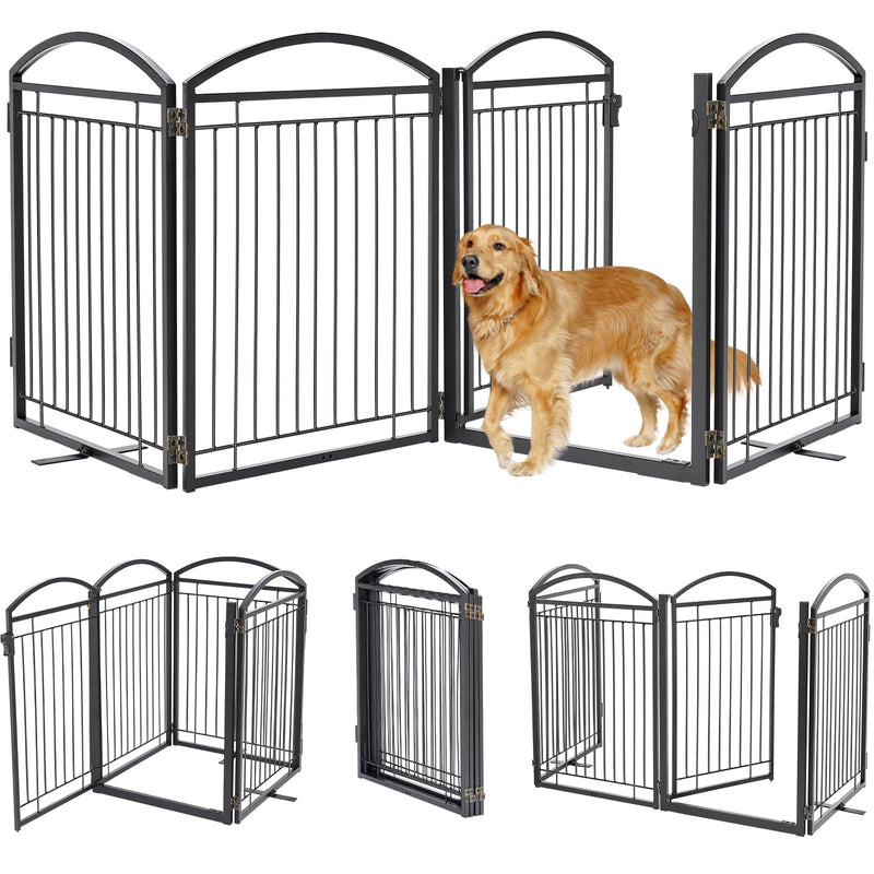 Paulmele Full Metal Free Standing Dog Gate with Door for Indoor & Outdoor,96'' Extra Wide 32'' Tall Dog Gate for The Doorways,Large Openings,Decks,Porch,Pet Freestanding Safety Fence(4 Panels,Black)