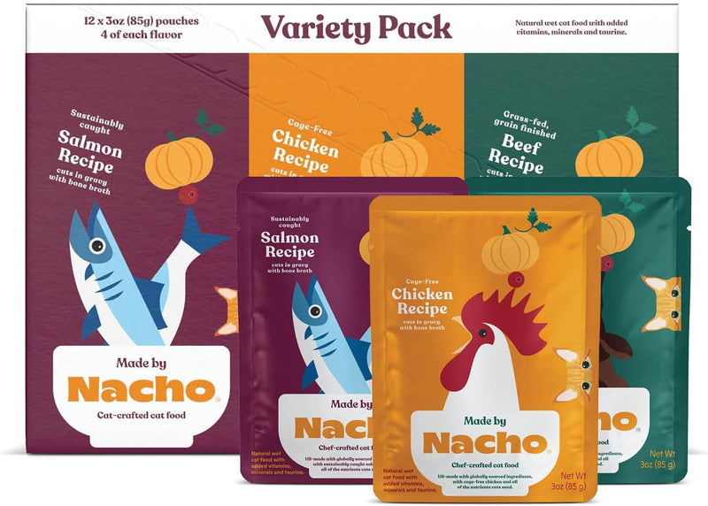 Made by Nacho Wet Cat Food Variety 12 Pack (3oz Each), Cage-Free Chicken, Sustainably Caught Salmon, Grass-Fed Beef with