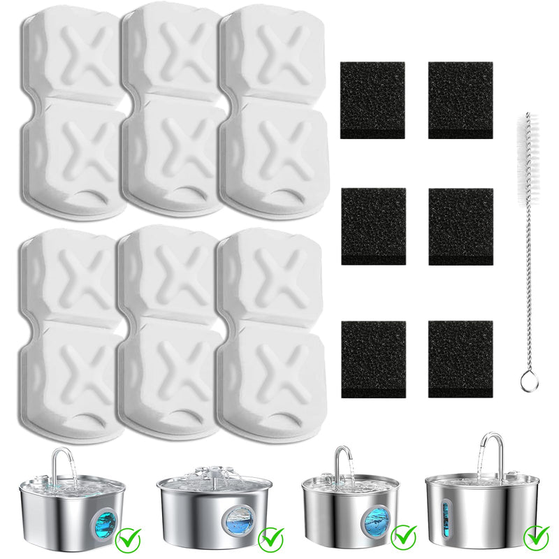MJYNITE Cat Water Fountain Filter Replacement Kit - 6 Cat Fountain Filters, 6 Sponges & 1 Brush, Compatible with Stainless Steel Pet Fountains