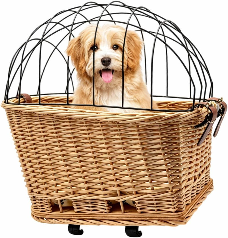 Wicker Dog Bike Basket with Protective Grille, Rear Carrier for Small Pet