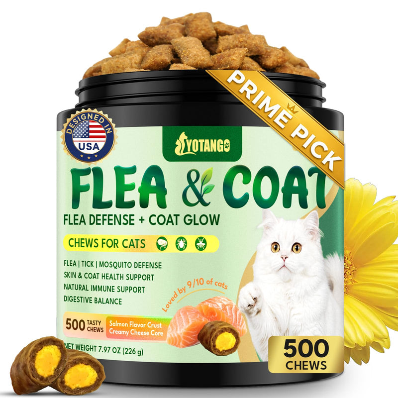 YOTANGO Cat Flea Treatment Crunchy & Creamy Chewables, 500 Chews Natural Flea and Tick Prevention for Cats + Skin and Coat Support, Daily Oral Supplement Chewables for Cats and Kittens (Salmon Flavor)