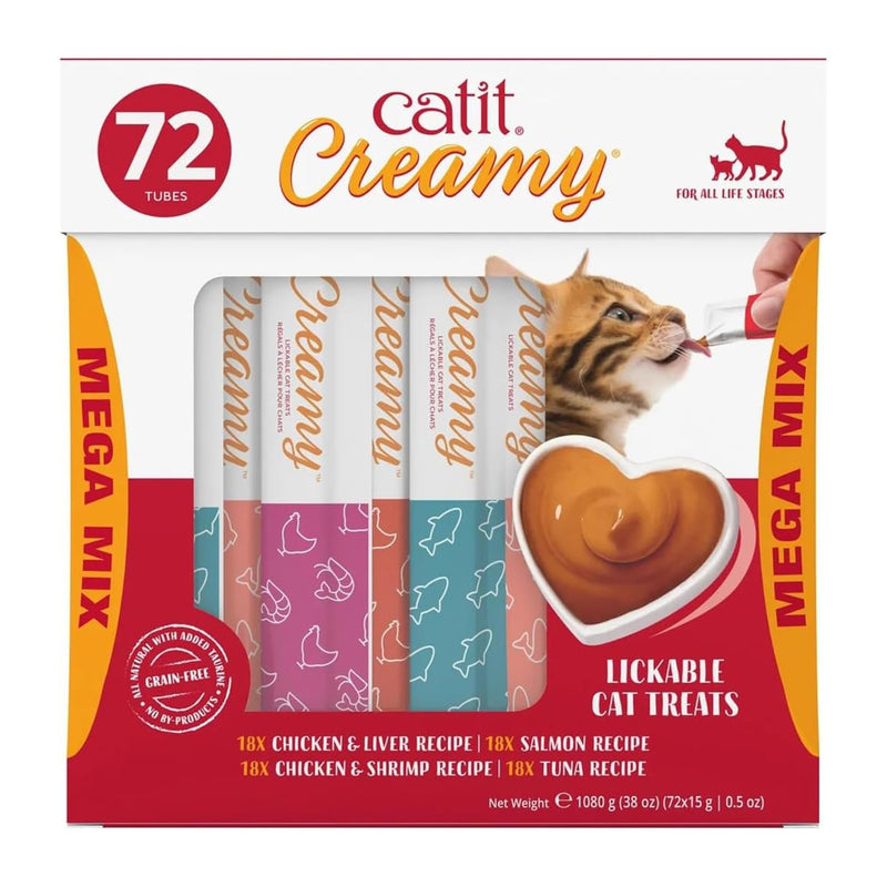 Catit Creamy Lickable Cat Treat – Healthy Variety of Flavors, 72 Pack, Hand-Feed or Serve, Nutrient-Rich Squeeze Tube, 0.5 oz Each