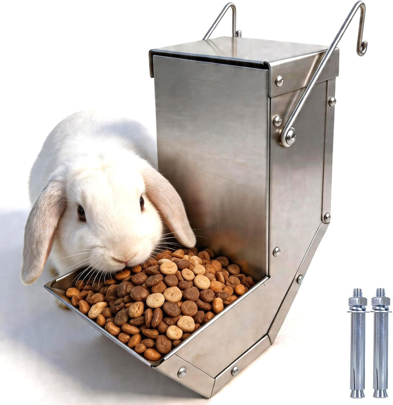 Rabbit Feeder - Small Animal Stainless Steel Gravity Feeding Trough with Lid, Outdoor Durable Cage Feeder Holds Several