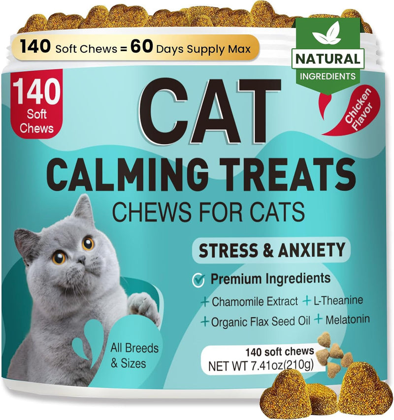 Cat Calming Treats, 140 Soft Chews to Relieve Anxiety, Stress & Prevent Bites, Perfect for Travel & Vet Visits, Aid Slee