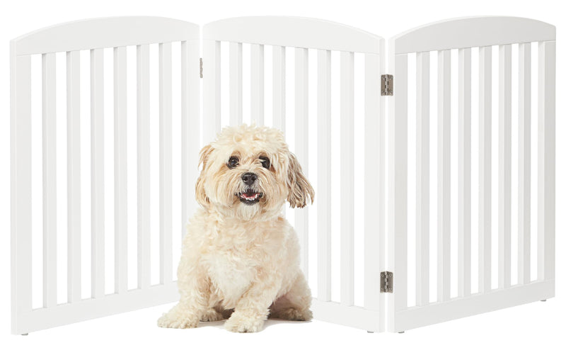 PAWLAND Wooden Freestanding Foldable Pet Gate for Dogs, 24 inch 3 Panels Step Over Fence, Dog Gate for The House, Doorway, Stairs, Extra Wide (White, 24