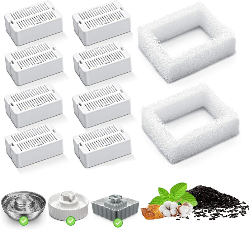 Cat Water Fountain Replacement Filter, 8 Pack Cat Fountain Carbon Filters and 2 Pack Foam Filters for Ceramic Pet Drinking Fountain and Stainless Steel Pet Water Fountain (8+2 Pack)